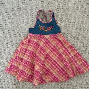Vintage Youngland Denim Bodice Floral Embroidered Pink Plaid Girls Sundress